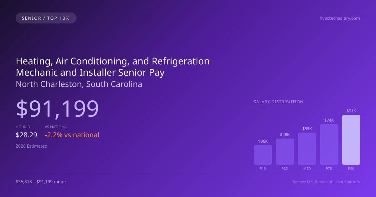 Heating, Air Conditioning, and Refrigeration Mechanic and Installer Senior Salary in North Charleston, SC — 2026 est., based on 2025 BLS
