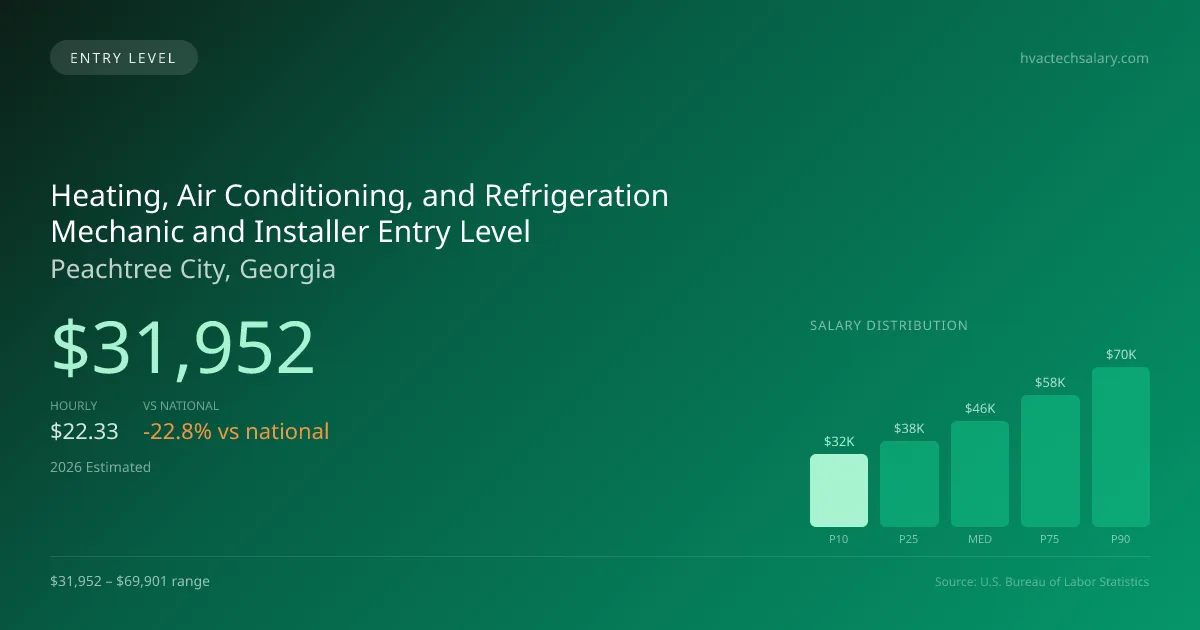 Heating, Air Conditioning, and Refrigeration Mechanic and Installer Entry Level Salary in Peachtree City, GA — 2026 est., based on 2025 BLS